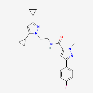 molecular formula C22H24FN5O B2777899 N-(2-(3,5-dicyclopropyl-1H-pyrazol-1-yl)ethyl)-3-(4-fluorophenyl)-1-methyl-1H-pyrazole-5-carboxamide CAS No. 2320663-62-3