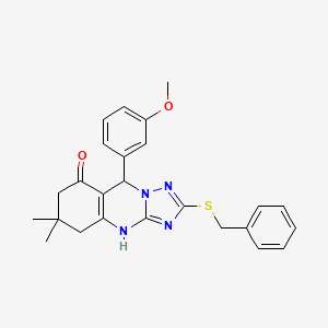molecular formula C25H26N4O2S B2777994 2-(benzylsulfanyl)-9-(3-methoxyphenyl)-6,6-dimethyl-4H,5H,6H,7H,8H,9H-[1,2,4]triazolo[3,2-b]quinazolin-8-one CAS No. 536984-64-2