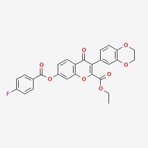 molecular formula C27H19FO8 B2778013 ethyl 3-(2,3-dihydro-1,4-benzodioxin-6-yl)-7-(4-fluorobenzoyloxy)-4-oxo-4H-chromene-2-carboxylate CAS No. 637752-58-0
