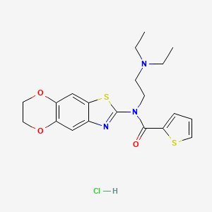 molecular formula C20H24ClN3O3S2 B2778098 N-[2-(diethylamino)ethyl]-N-(6,7-dihydro-[1,4]dioxino[2,3-f][1,3]benzothiazol-2-yl)thiophene-2-carboxamide;hydrochloride CAS No. 1322238-74-3