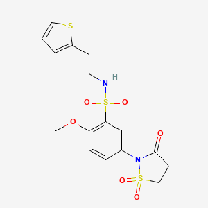 molecular formula C16H18N2O6S3 B2778201 5-(1,1-dioxido-3-oxoisothiazolidin-2-yl)-2-methoxy-N-(2-(thiophen-2-yl)ethyl)benzenesulfonamide CAS No. 1011628-76-4