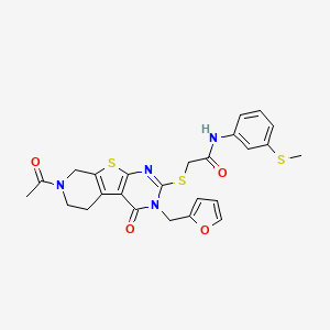 molecular formula C25H24N4O4S3 B2778393 2-[[11-acetyl-4-(furan-2-ylmethyl)-3-oxo-8-thia-4,6,11-triazatricyclo[7.4.0.02,7]trideca-1(9),2(7),5-trien-5-yl]sulfanyl]-N-(3-methylsulfanylphenyl)acetamide CAS No. 1189692-93-0