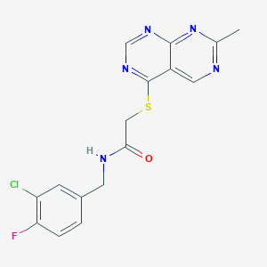 molecular formula C16H13ClFN5OS B2778502 N-(3-chloro-4-fluorobenzyl)-2-((7-methylpyrimido[4,5-d]pyrimidin-4-yl)thio)acetamide CAS No. 1286702-27-9