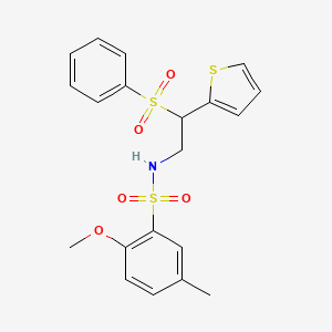 molecular formula C20H21NO5S3 B2778519 N-[2-(BENZENESULFONYL)-2-(THIOPHEN-2-YL)ETHYL]-2-METHOXY-5-METHYLBENZENE-1-SULFONAMIDE CAS No. 896342-49-7