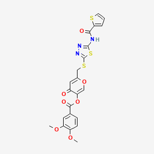 molecular formula C22H17N3O7S3 B2778607 4-氧代-6-(((5-(噻吩-2-基甲酰胺)-1,3,4-噻二唑-2-基)硫)甲基)-4H-吡喃-3-基 3,4-二甲氧基苯甸酸酯 CAS No. 877642-71-2