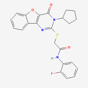 molecular formula C23H20FN3O3S B2778630 2-({5-cyclopentyl-6-oxo-8-oxa-3,5-diazatricyclo[7.4.0.0^{2,7}]trideca-1(9),2(7),3,10,12-pentaen-4-yl}sulfanyl)-N-(2-fluorophenyl)acetamide CAS No. 899742-45-1