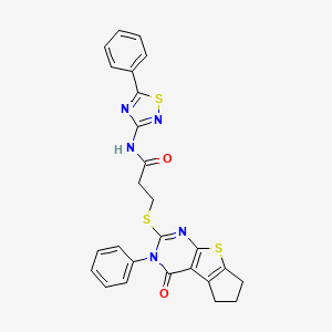 molecular formula C26H21N5O2S3 B2778662 3-((4-oxo-3-phenyl-4,5,6,7-tetrahydro-3H-cyclopenta[4,5]thieno[2,3-d]pyrimidin-2-yl)thio)-N-(5-phenyl-1,2,4-thiadiazol-3-yl)propanamide CAS No. 690270-02-1
