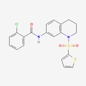 molecular formula C20H17ClN2O3S2 B2778748 2-chloro-N-(1-(thiophen-2-ylsulfonyl)-1,2,3,4-tetrahydroquinolin-7-yl)benzamide CAS No. 898413-73-5