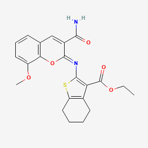 molecular formula C22H22N2O5S B2778768 ethyl 2-{[(2Z)-3-carbamoyl-8-methoxy-2H-chromen-2-ylidene]amino}-4,5,6,7-tetrahydro-1-benzothiophene-3-carboxylate CAS No. 313982-21-7
