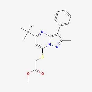 molecular formula C20H23N3O2S B2778793 METHYL 2-({5-TERT-BUTYL-2-METHYL-3-PHENYLPYRAZOLO[1,5-A]PYRIMIDIN-7-YL}SULFANYL)ACETATE CAS No. 850745-09-4