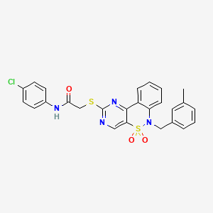 molecular formula C26H21ClN4O3S2 B2778871 N-(4-chlorophenyl)-2-({9-[(3-methylphenyl)methyl]-8,8-dioxo-8lambda6-thia-3,5,9-triazatricyclo[8.4.0.0^{2,7}]tetradeca-1(14),2(7),3,5,10,12-hexaen-4-yl}sulfanyl)acetamide CAS No. 932449-01-9