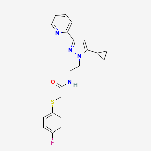 molecular formula C21H21FN4OS B2778944 N-(2-(5-cyclopropyl-3-(pyridin-2-yl)-1H-pyrazol-1-yl)ethyl)-2-((4-fluorophenyl)thio)acetamide CAS No. 1797616-62-6