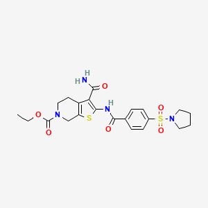 molecular formula C22H26N4O6S2 B2779092 ethyl 3-carbamoyl-2-(4-(pyrrolidin-1-ylsulfonyl)benzamido)-4,5-dihydrothieno[2,3-c]pyridine-6(7H)-carboxylate CAS No. 449782-09-6
