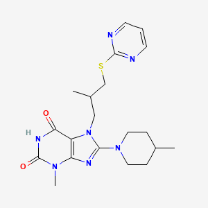 B2779163 3-Methyl-8-(4-methylpiperidyl)-7-(2-methyl-3-pyrimidin-2-ylthiopropyl)-1,3,7-t rihydropurine-2,6-dione CAS No. 893964-15-3