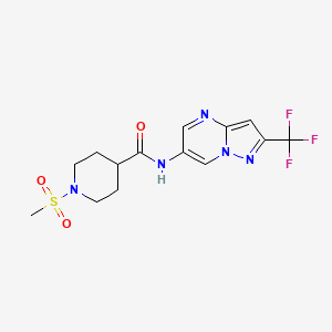 molecular formula C14H16F3N5O3S B2779285 1-(methylsulfonyl)-N-(2-(trifluoromethyl)pyrazolo[1,5-a]pyrimidin-6-yl)piperidine-4-carboxamide CAS No. 2034449-01-7
