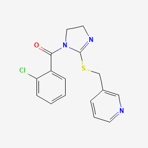 molecular formula C16H14ClN3OS B2779289 (2-chlorophenyl)(2-((pyridin-3-ylmethyl)thio)-4,5-dihydro-1H-imidazol-1-yl)methanone CAS No. 851807-59-5