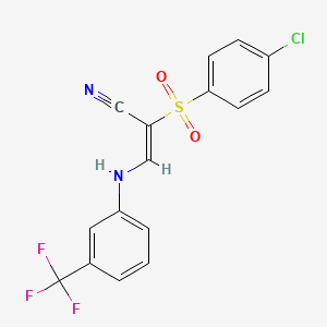 molecular formula C16H10ClF3N2O2S B2779295 2-((4-Chlorophenyl)sulfonyl)-3-((3-(trifluoromethyl)phenyl)amino)prop-2-enenitrile CAS No. 882255-86-9