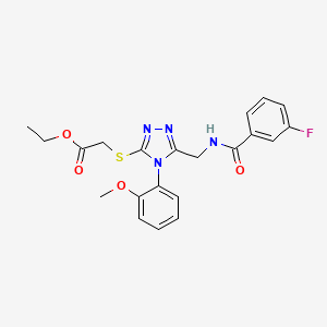 molecular formula C21H21FN4O4S B2779351 ethyl 2-((5-((3-fluorobenzamido)methyl)-4-(2-methoxyphenyl)-4H-1,2,4-triazol-3-yl)thio)acetate CAS No. 689748-25-2