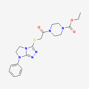 molecular formula C19H24N6O3S B2779408 ethyl 4-(2-((7-phenyl-6,7-dihydro-5H-imidazo[2,1-c][1,2,4]triazol-3-yl)thio)acetyl)piperazine-1-carboxylate CAS No. 921833-61-6
