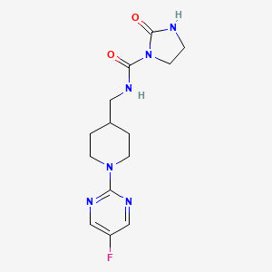 molecular formula C14H19FN6O2 B2779625 N-((1-(5-fluoropyrimidin-2-yl)piperidin-4-yl)methyl)-2-oxoimidazolidine-1-carboxamide CAS No. 2034285-09-9