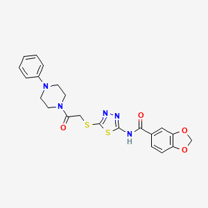 molecular formula C22H21N5O4S2 B2779683 N-(5-{[2-oxo-2-(4-phenylpiperazin-1-yl)ethyl]sulfanyl}-1,3,4-thiadiazol-2-yl)-2H-1,3-benzodioxole-5-carboxamide CAS No. 476466-30-5
