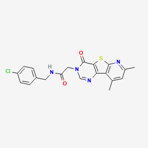 molecular formula C20H17ClN4O2S B2779928 N-[(4-chlorophenyl)methyl]-2-(11,13-dimethyl-6-oxo-8-thia-3,5,10-triazatricyclo[7.4.0.02,7]trideca-1(9),2(7),3,10,12-pentaen-5-yl)acetamide CAS No. 1021079-57-1