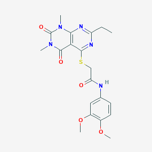 molecular formula C20H23N5O5S B2780123 N-(3,4-dimethoxyphenyl)-2-((2-ethyl-6,8-dimethyl-5,7-dioxo-5,6,7,8-tetrahydropyrimido[4,5-d]pyrimidin-4-yl)thio)acetamide CAS No. 892475-45-5