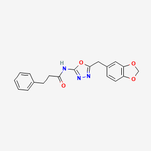molecular formula C19H17N3O4 B2780173 N-(5-(benzo[d][1,3]dioxol-5-ylmethyl)-1,3,4-oxadiazol-2-yl)-3-phenylpropanamide CAS No. 921901-17-9