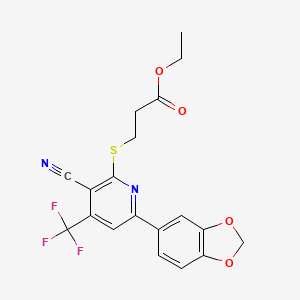 molecular formula C19H15F3N2O4S B2780212 ethyl 3-{[6-(2H-1,3-benzodioxol-5-yl)-3-cyano-4-(trifluoromethyl)pyridin-2-yl]sulfanyl}propanoate CAS No. 625376-94-5