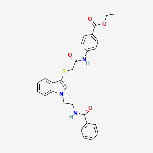 molecular formula C28H27N3O4S B2780555 ethyl 4-[2-({1-[2-(phenylformamido)ethyl]-1H-indol-3-yl}sulfanyl)acetamido]benzoate CAS No. 532969-73-6