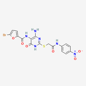 molecular formula C17H13BrN6O6S B2780669 N-(4-amino-2-((2-((4-nitrophenyl)amino)-2-oxoethyl)thio)-6-oxo-1,6-dihydropyrimidin-5-yl)-5-bromofuran-2-carboxamide CAS No. 888429-09-2
