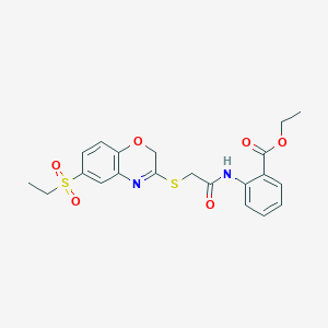 molecular formula C21H22N2O6S2 B2780671 ethyl 2-(2-{[6-(ethanesulfonyl)-2H-1,4-benzoxazin-3-yl]sulfanyl}acetamido)benzoate CAS No. 1116006-05-3