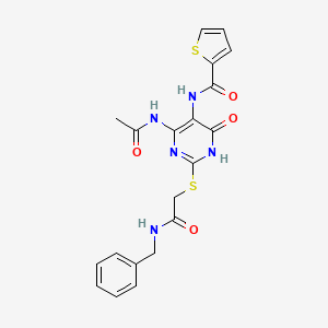 molecular formula C20H19N5O4S2 B2780707 N-(4-acetamido-2-((2-(benzylamino)-2-oxoethyl)thio)-6-oxo-1,6-dihydropyrimidin-5-yl)thiophene-2-carboxamide CAS No. 872608-92-9