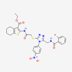 molecular formula C29H27FN6O6S2 B2780768 ETHYL 2-{2-[(5-{[(2-FLUOROPHENYL)FORMAMIDO]METHYL}-4-(4-NITROPHENYL)-4H-1,2,4-TRIAZOL-3-YL)SULFANYL]ACETAMIDO}-4,5,6,7-TETRAHYDRO-1-BENZOTHIOPHENE-3-CARBOXYLATE CAS No. 393808-38-3