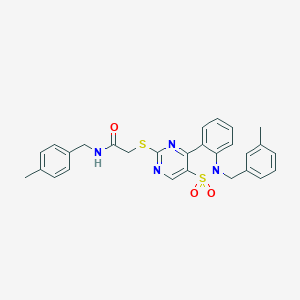 molecular formula C28H26N4O3S2 B2780829 N-[(4-methylphenyl)methyl]-2-({9-[(3-methylphenyl)methyl]-8,8-dioxo-8lambda6-thia-3,5,9-triazatricyclo[8.4.0.0^{2,7}]tetradeca-1(14),2(7),3,5,10,12-hexaen-4-yl}sulfanyl)acetamide CAS No. 932449-18-8