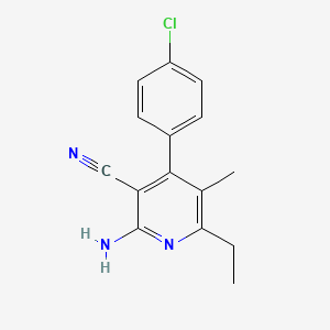 molecular formula C15H14ClN3 B2780879 2-Amino-4-(4-chlorophenyl)-6-ethyl-5-methylpyridine-3-carbonitrile CAS No. 338794-05-1