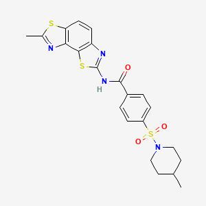 molecular formula C22H22N4O3S3 B2780938 N-{11-methyl-3,10-dithia-5,12-diazatricyclo[7.3.0.0^{2,6}]dodeca-1(9),2(6),4,7,11-pentaen-4-yl}-4-[(4-methylpiperidin-1-yl)sulfonyl]benzamide CAS No. 500149-65-5