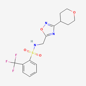 molecular formula C15H16F3N3O4S B2781030 N-{[3-(oxan-4-yl)-1,2,4-oxadiazol-5-yl]methyl}-2-(trifluoromethyl)benzene-1-sulfonamide CAS No. 2034518-80-2