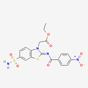 molecular formula C18H16N4O7S2 B2781129 ethyl 2-[(2Z)-2-[(4-nitrobenzoyl)imino]-6-sulfamoyl-2,3-dihydro-1,3-benzothiazol-3-yl]acetate CAS No. 887208-87-9
