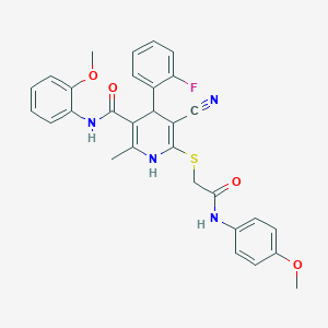 5-cyano-4-(2-fluorophenyl)-6-[2-(4-methoxyanilino)-2-oxoethyl]sulfanyl-N-(2-methoxyphenyl)-2-methyl-1,4-dihydropyridine-3-carboxamide