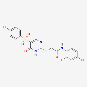 molecular formula C18H12Cl2FN3O4S2 B2781207 N-(4-chloro-2-fluorophenyl)-2-((5-((4-chlorophenyl)sulfonyl)-6-oxo-1,6-dihydropyrimidin-2-yl)thio)acetamide CAS No. 892297-36-8
