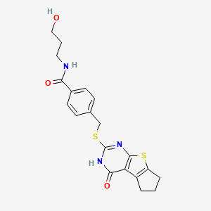 molecular formula C20H21N3O3S2 B2781255 N-(3-hydroxypropyl){4-[(4-oxo(3,5,6,7-tetrahydrocyclopenta[1,2-d]pyrimidino[4, 5-b]thiophen-2-ylthio))methyl]phenyl}carboxamide CAS No. 433700-37-9