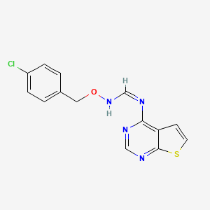 molecular formula C14H11ClN4OS B2781258 N-[(4-chlorophenyl)methoxy]-N'-thieno[2,3-d]pyrimidin-4-ylmethanimidamide CAS No. 477846-25-6