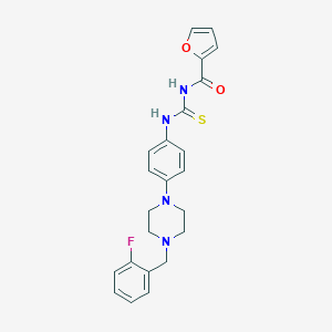 molecular formula C23H23FN4O2S B278128 N-{4-[4-(2-fluorobenzyl)-1-piperazinyl]phenyl}-N'-(2-furoyl)thiourea 