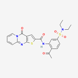 molecular formula C23H22N4O5S2 B2781294 N-[2-acetyl-5-(diethylsulfamoyl)phenyl]-2-oxo-6-thia-1,8-diazatricyclo[7.4.0.0^{3,7}]trideca-3(7),4,8,10,12-pentaene-5-carboxamide CAS No. 938815-68-0