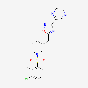 molecular formula C19H20ClN5O3S B2781376 5-((1-((3-Chloro-2-methylphenyl)sulfonyl)piperidin-3-yl)methyl)-3-(pyrazin-2-yl)-1,2,4-oxadiazole CAS No. 1706229-77-7