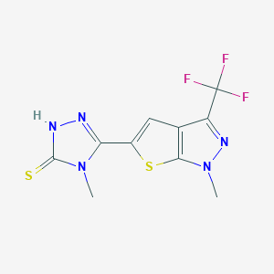 molecular formula C10H8F3N5S2 B2781379 4-methyl-5-[1-methyl-3-(trifluoromethyl)-1H-thieno[2,3-c]pyrazol-5-yl]-4H-1,2,4-triazole-3-thiol CAS No. 338747-58-3