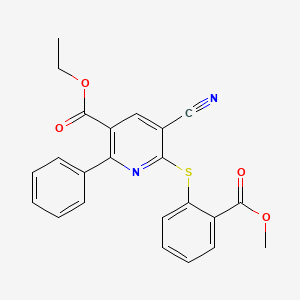 B2781499 Ethyl 5-cyano-6-((2-(methoxycarbonyl)phenyl)sulfanyl)-2-phenylnicotinate CAS No. 306980-26-7
