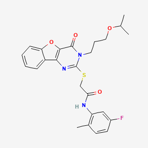 molecular formula C25H26FN3O4S B2781544 N-(5-fluoro-2-methylphenyl)-2-({4-oxo-3-[3-(propan-2-yloxy)propyl]-3,4-dihydro[1]benzofuro[3,2-d]pyrimidin-2-yl}sulfanyl)acetamide CAS No. 899961-97-8