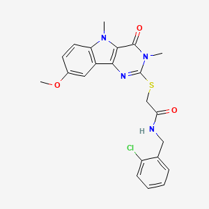 molecular formula C22H21ClN4O3S B2781574 N-[(2-chlorophenyl)methyl]-2-({8-methoxy-3,5-dimethyl-4-oxo-3H,4H,5H-pyrimido[5,4-b]indol-2-yl}sulfanyl)acetamide CAS No. 1112435-86-5